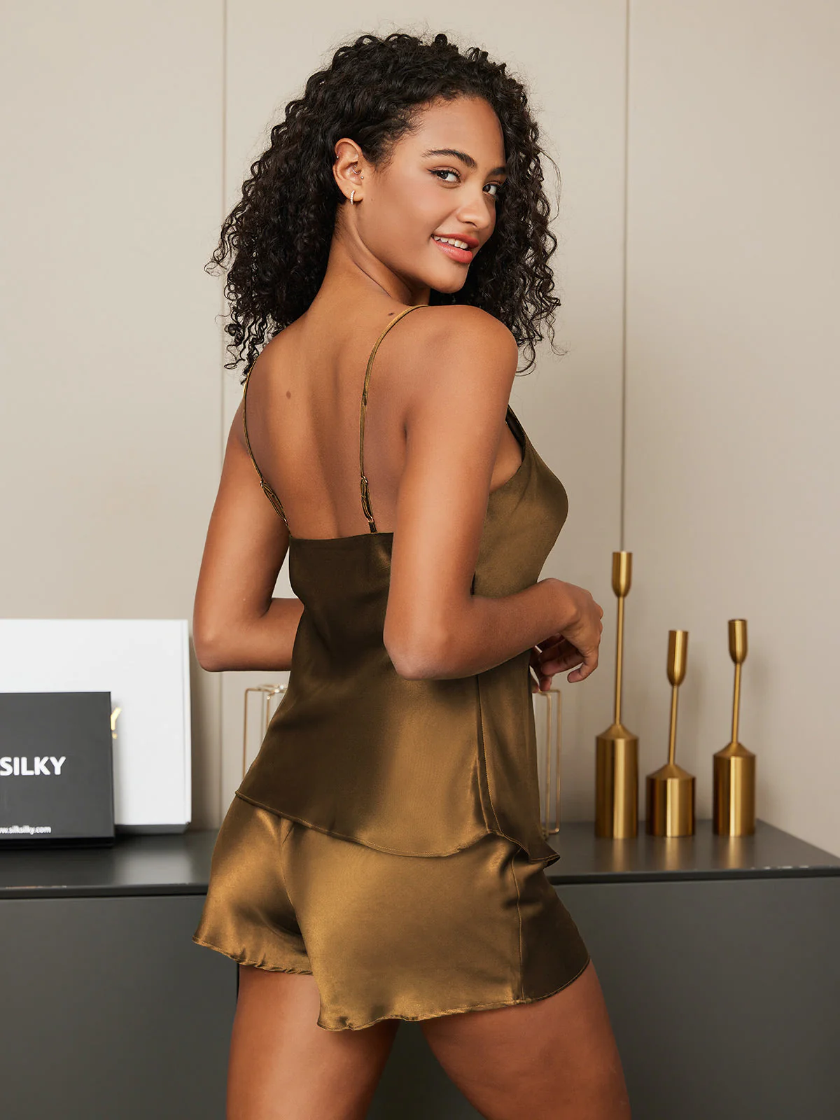 100% Mulberry Silk V Neck Camisole Set 2Pcs - Image 64
