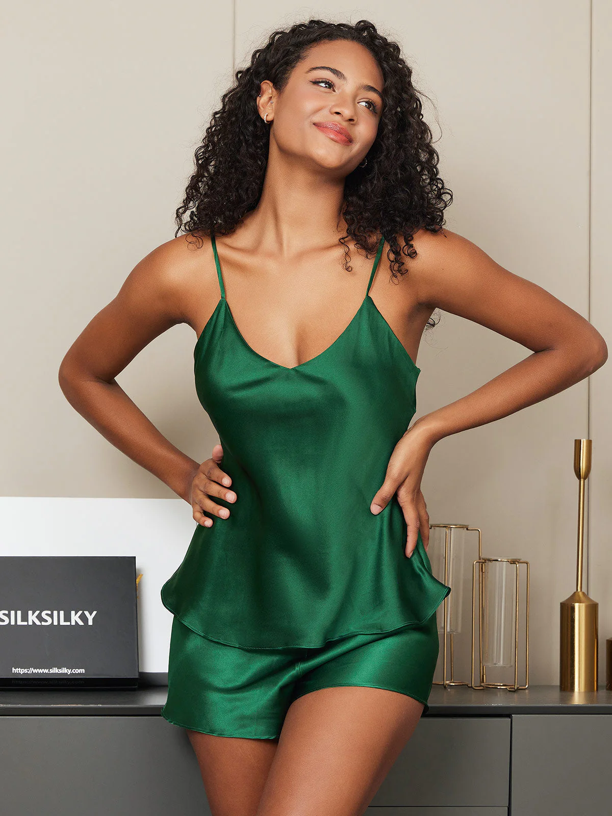 100% Mulberry Silk V Neck Camisole Set 2Pcs - Image 79