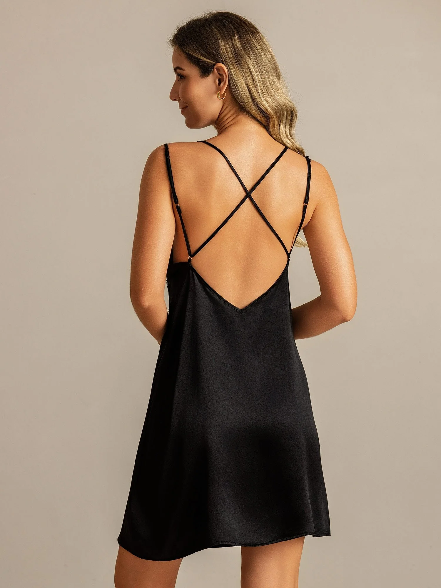 Clearance - Pure Silk Spaghetti Strap Lace V neck Backless Short Nightgown - Image 2