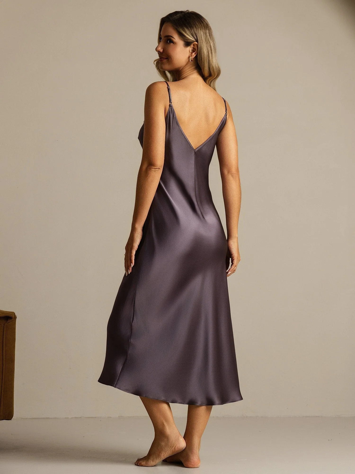 100% Mulberry Silk Spaghetti Strap Long Nightgown with Lace Split Design - Image 2
