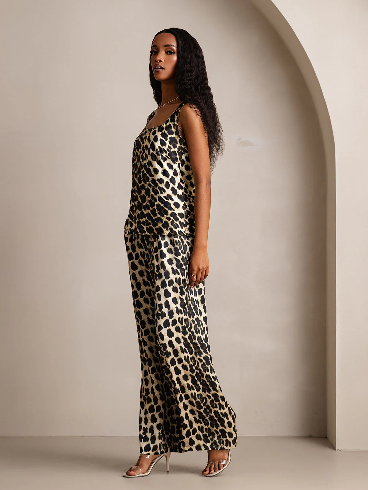 Women's 100% Mulberry Silk Leopard Print Square Neck Tank Top & Wide Leg Pants Set - Image 5