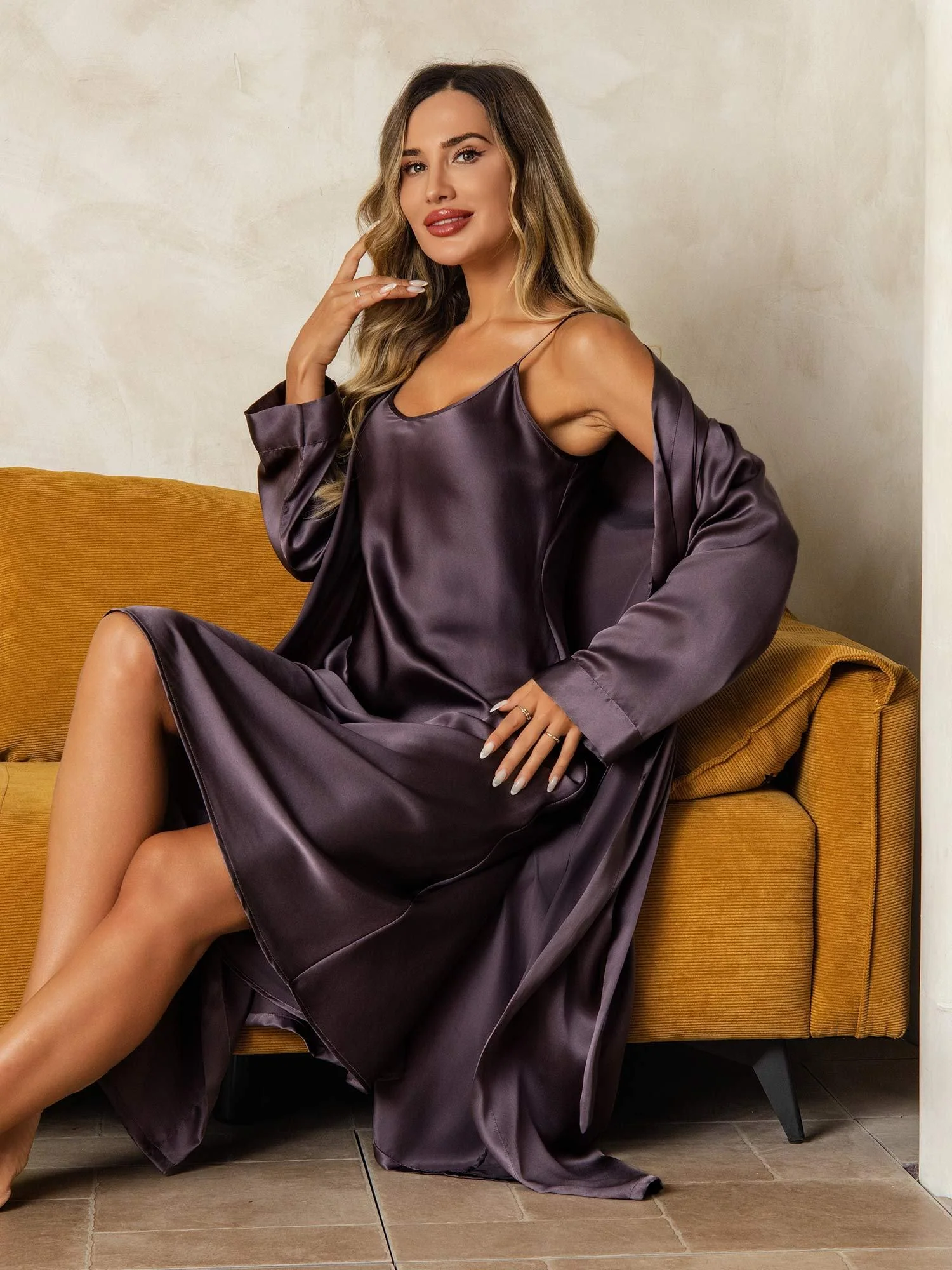 100% Mulberry Silk V-Neck Midi Nightgown & Robe Set 2Pcs - Image 22