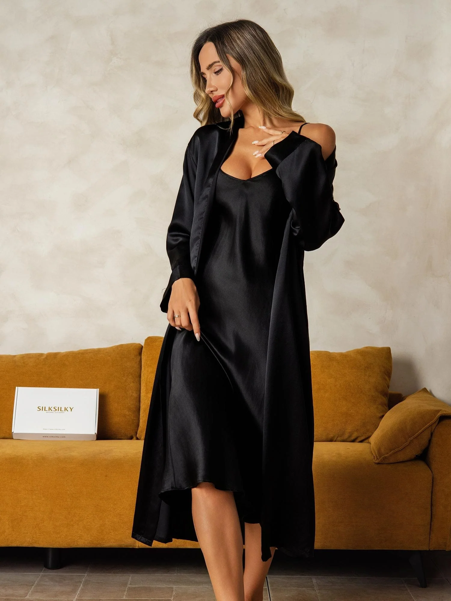 100% Mulberry Silk V-Neck Midi Nightgown & Robe Set 2Pcs - Image 46
