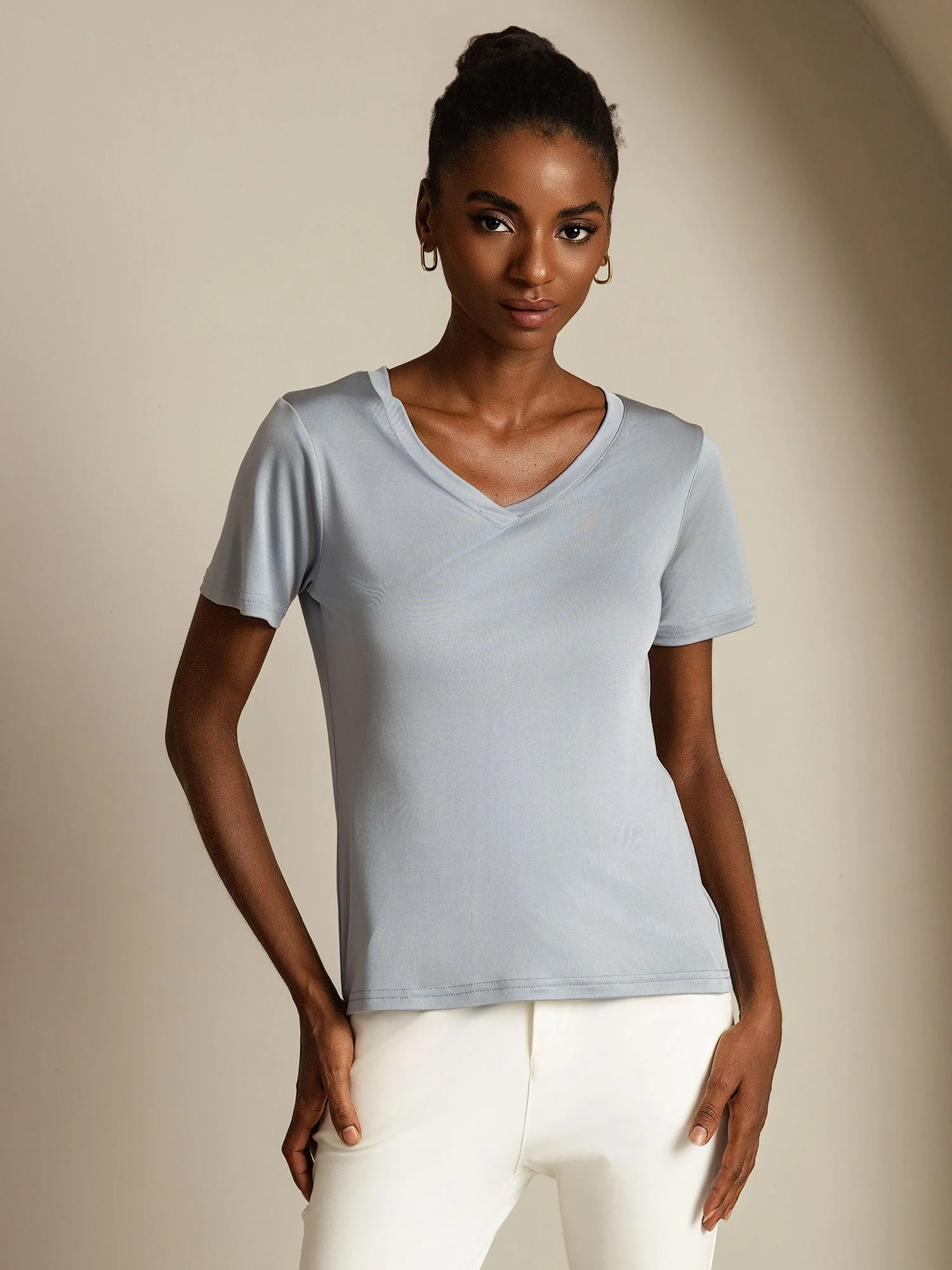 Clearance - Pure Silk V-Neck Short Sleeves Women's T-Shirt - Image 11