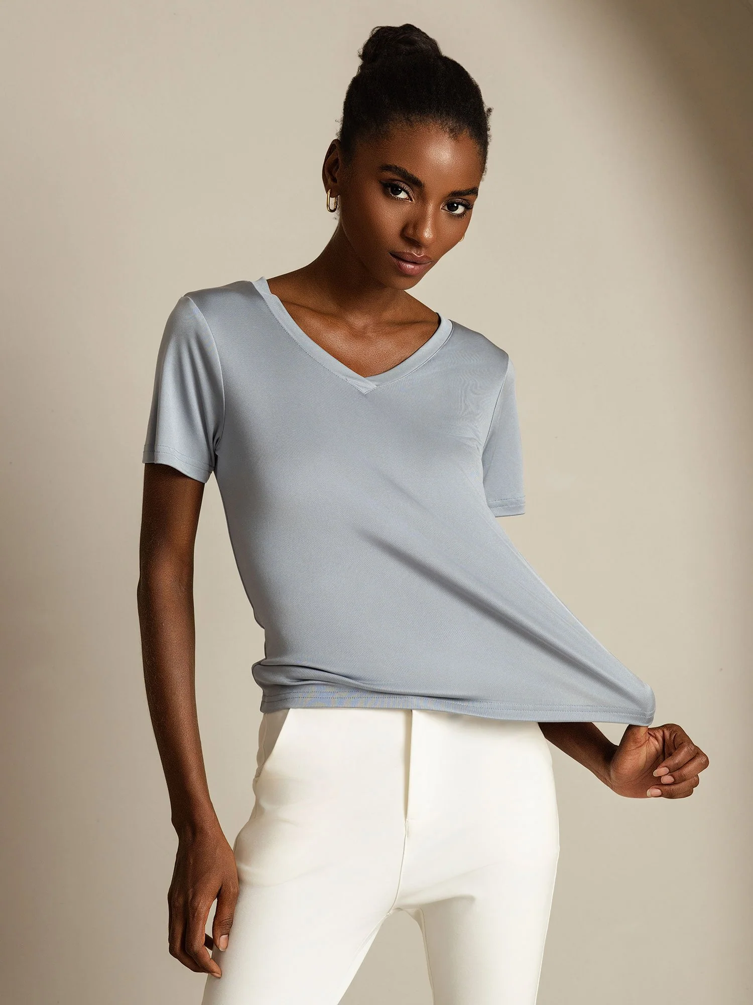 Clearance - Pure Silk V-Neck Short Sleeves Women's T-Shirt - Image 14
