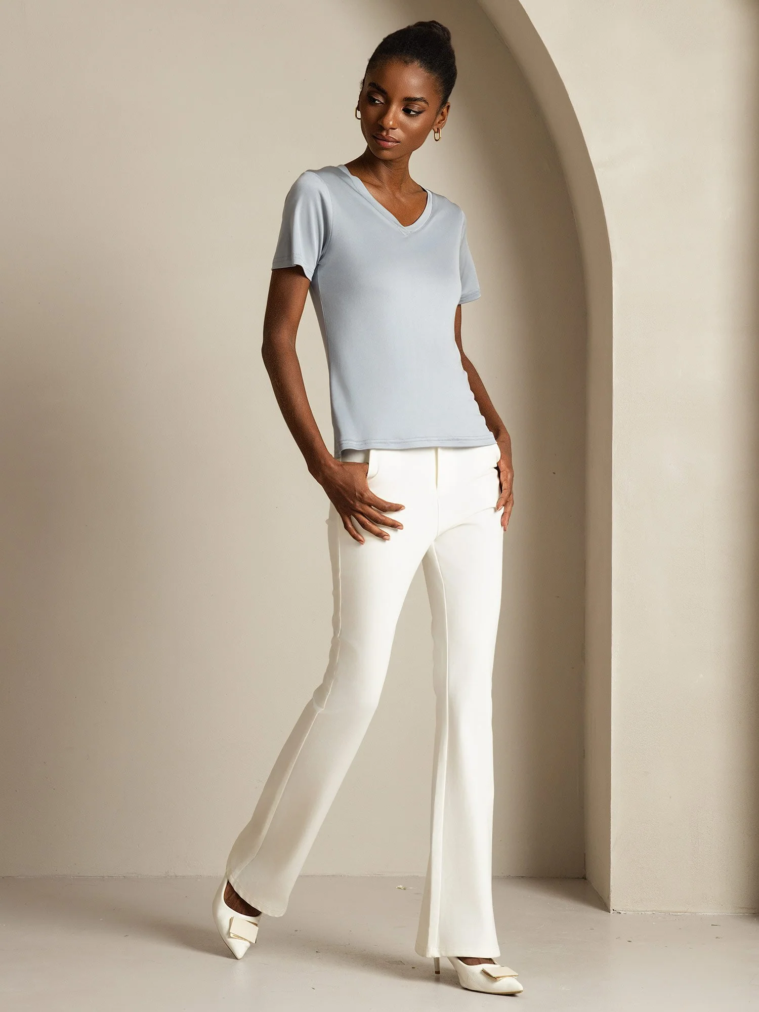 Clearance - Pure Silk V-Neck Short Sleeves Women's T-Shirt - Image 16