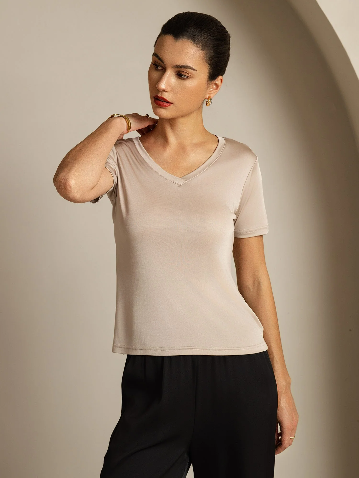 Clearance - Pure Silk V-Neck Short Sleeves Women's T-Shirt - Image 21