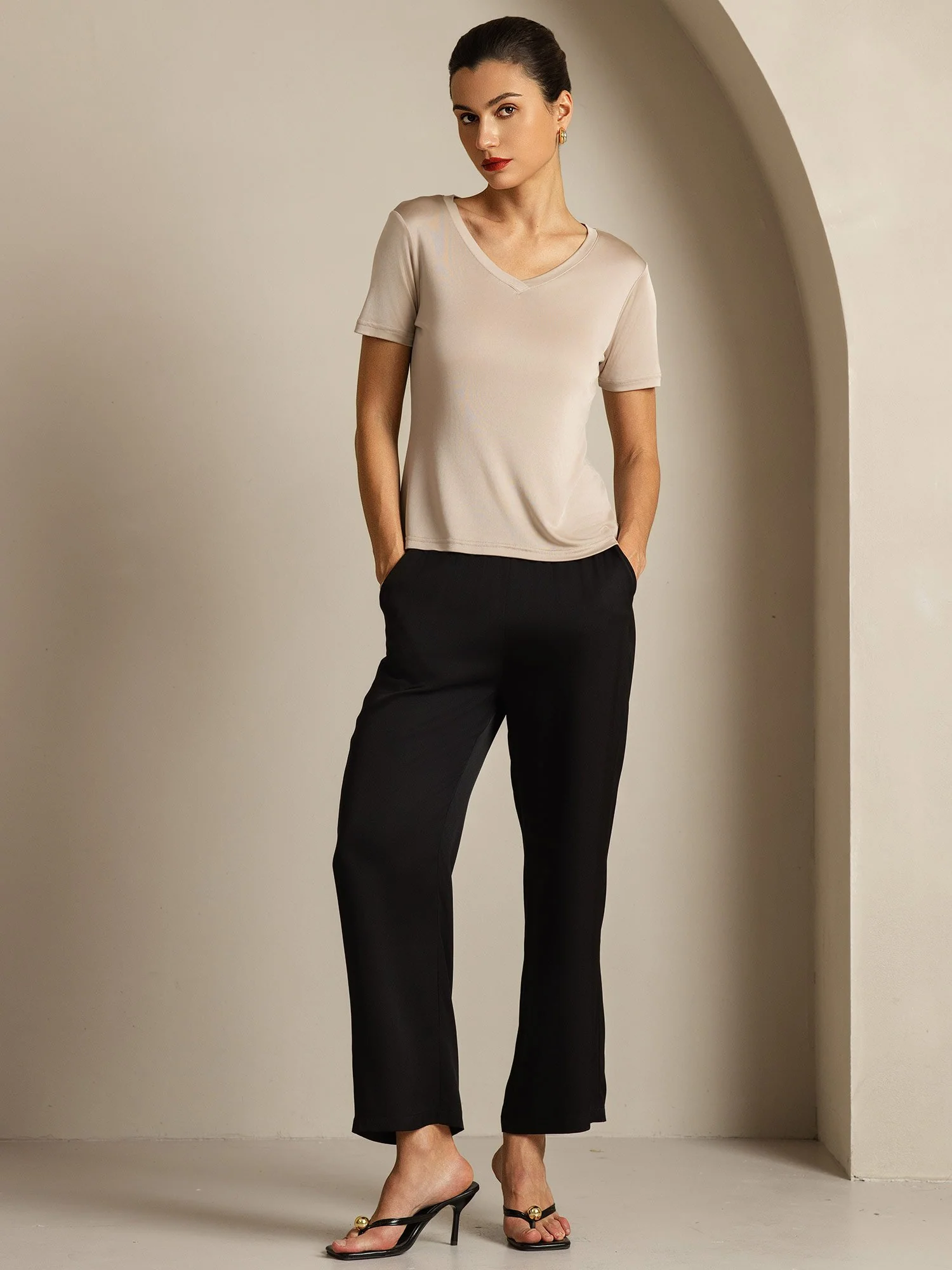 Clearance - Pure Silk V-Neck Short Sleeves Women's T-Shirt - Image 24