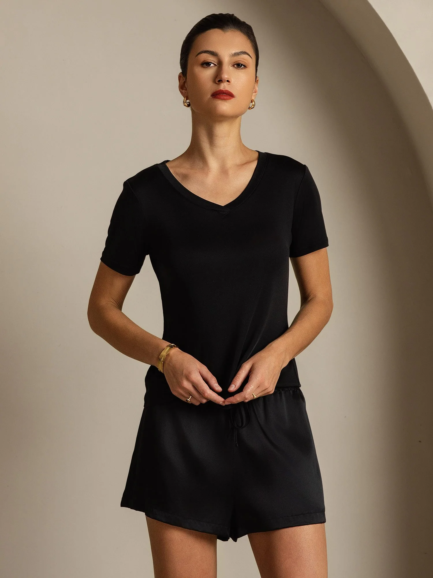 Clearance - Pure Silk V-Neck Short Sleeves Women's T-Shirt - Image 6