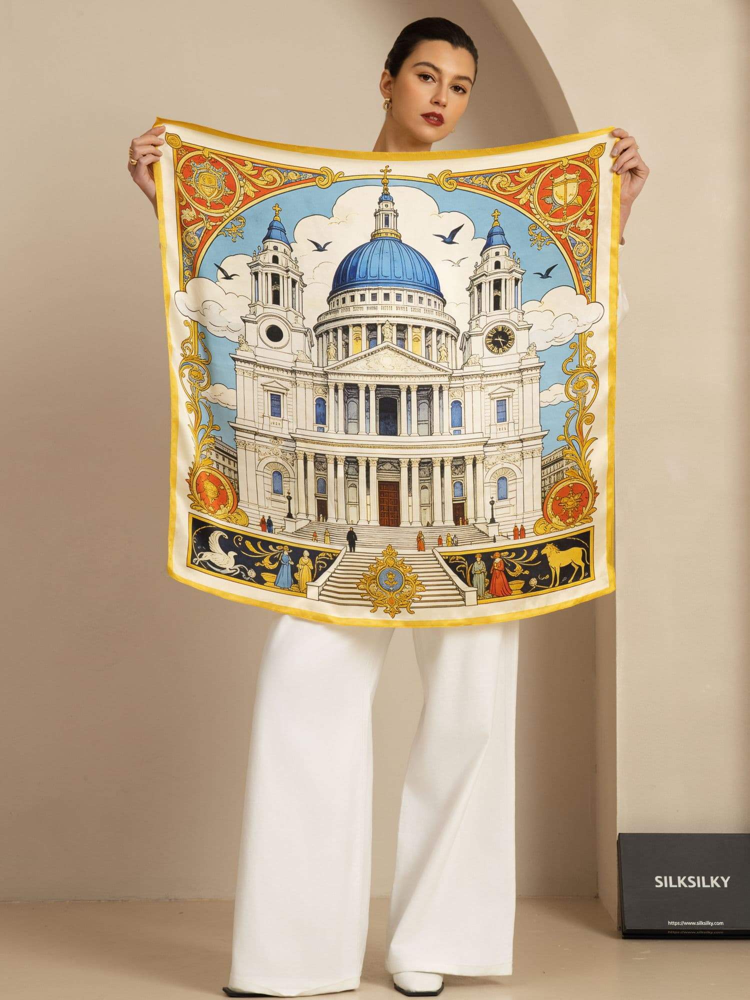 Clearance - Pure Silk White Cathedrals Print Square Scarf - Size 90x90cm - Image 2