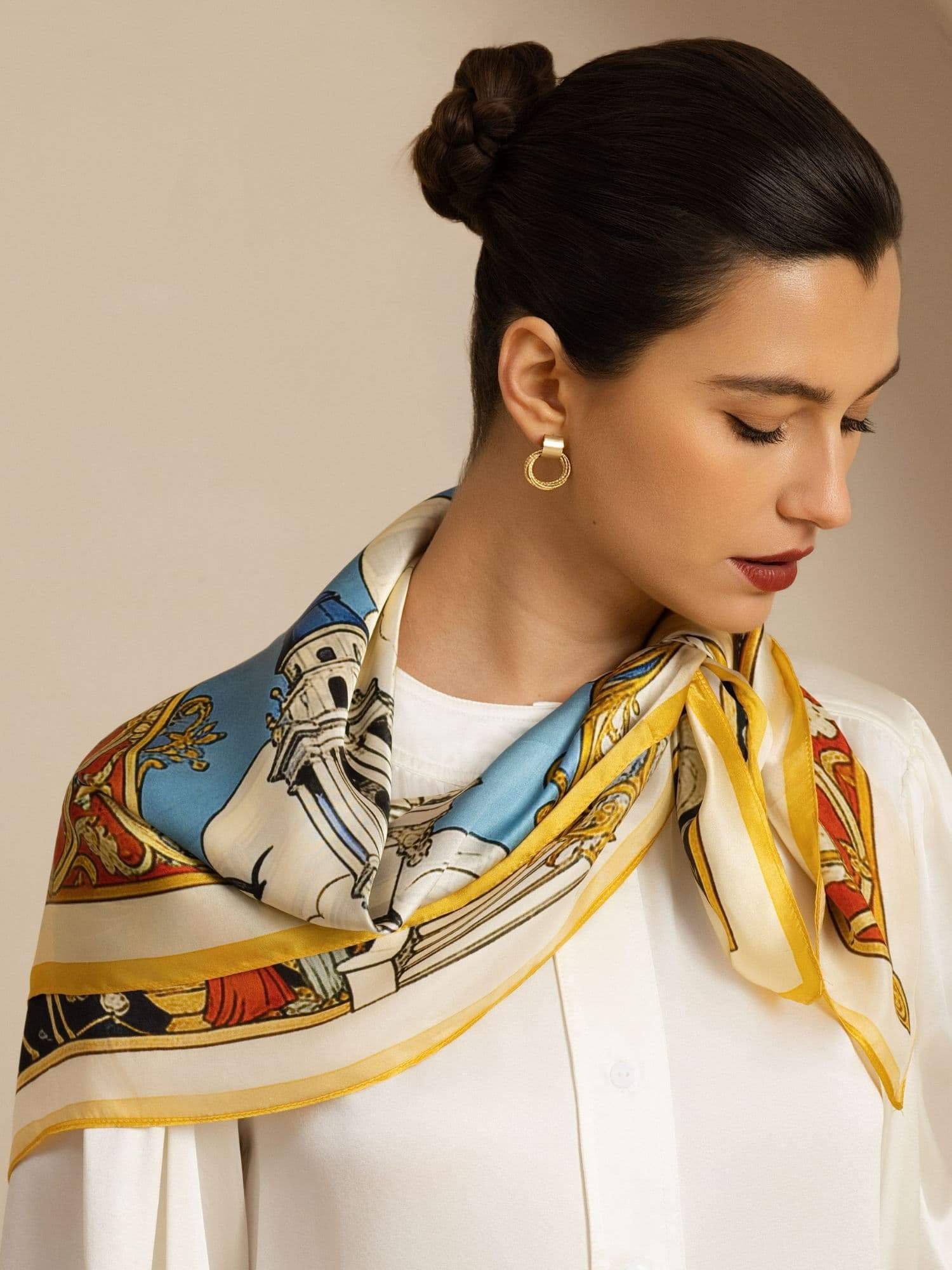 Clearance - Pure Silk White Cathedrals Print Square Scarf - Size 90x90cm - Image 3
