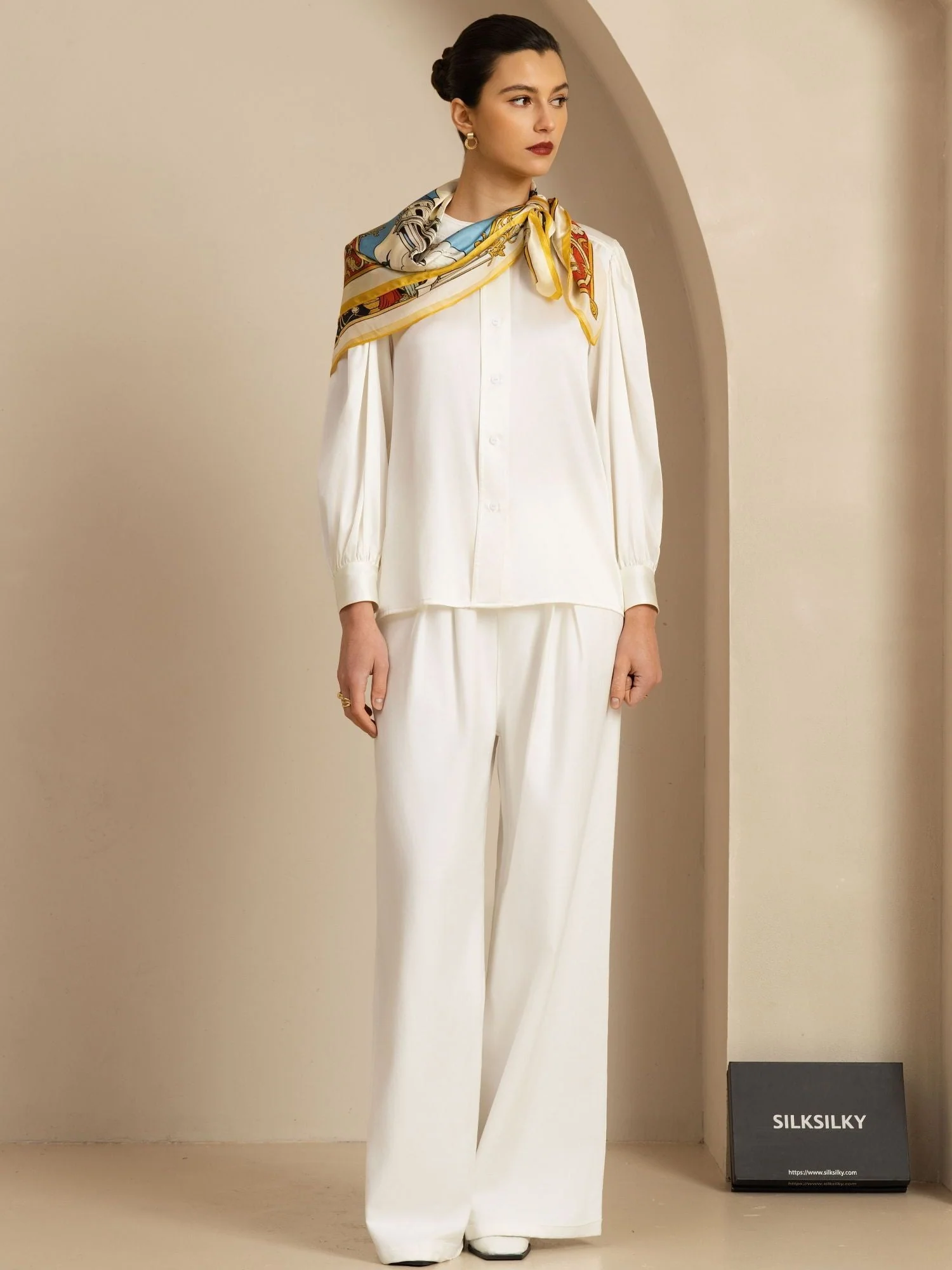 Clearance - Pure Silk White Cathedrals Print Square Scarf - Size 90x90cm - Image 5