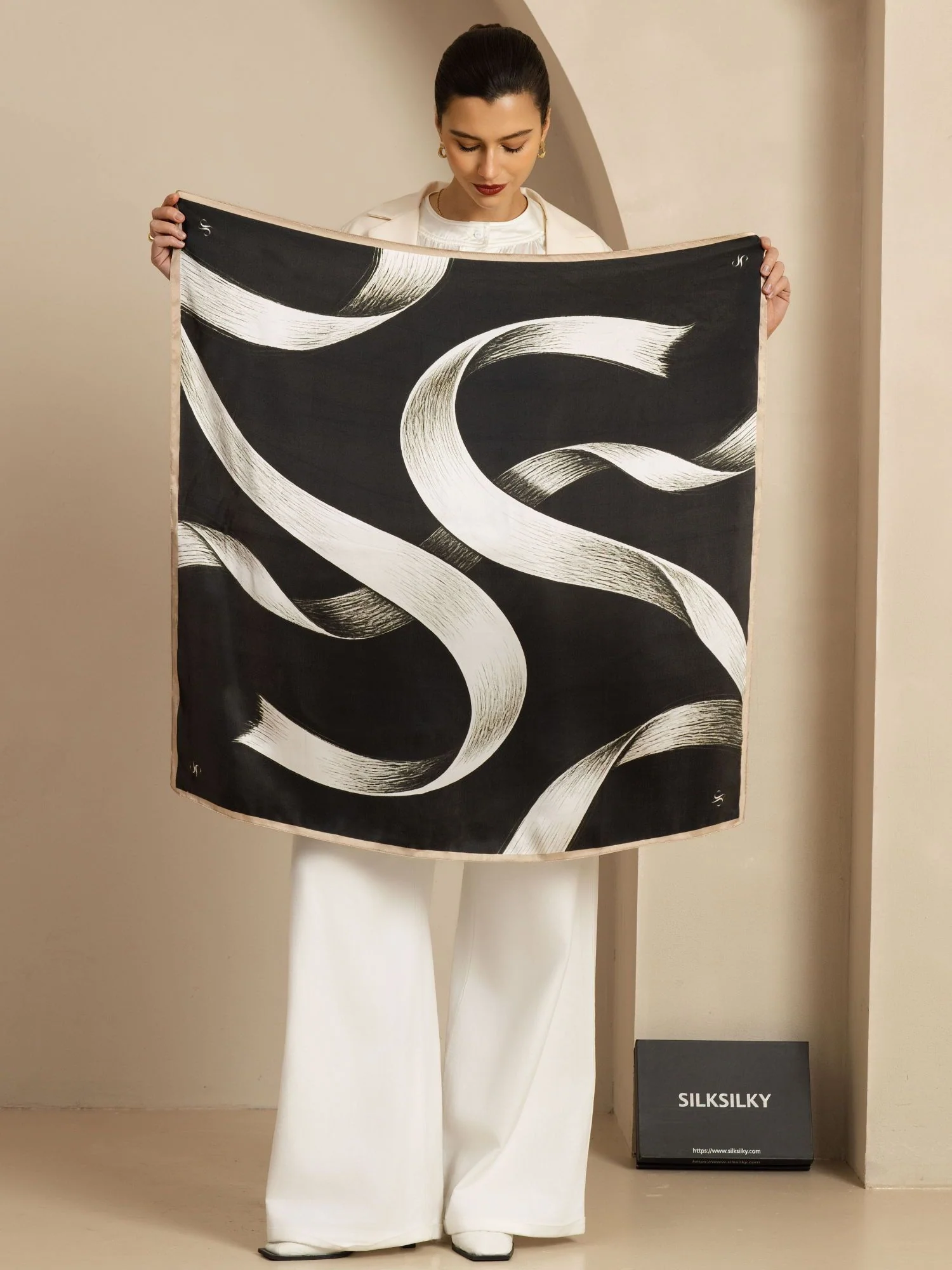 100% Mulberry Silk White Ribbon Square Scarf - Size 90x90cm - Image 2