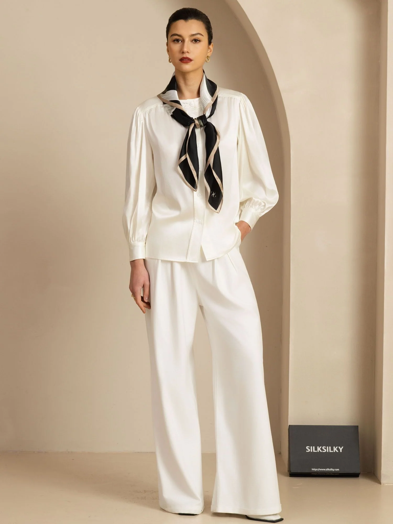 100% Mulberry Silk White Ribbon Square Scarf - Size 90x90cm - Image 5