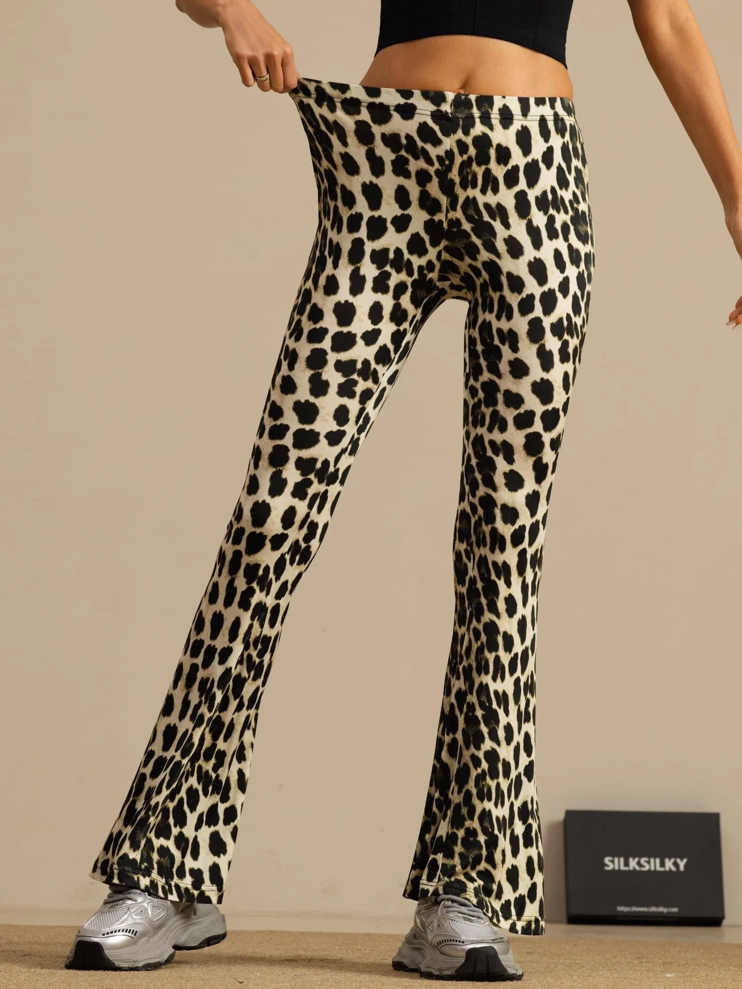 Clearance - Pure Silk Wild Animal Print Women's Flare Pants High Waisted Bell Bottom - Image 12