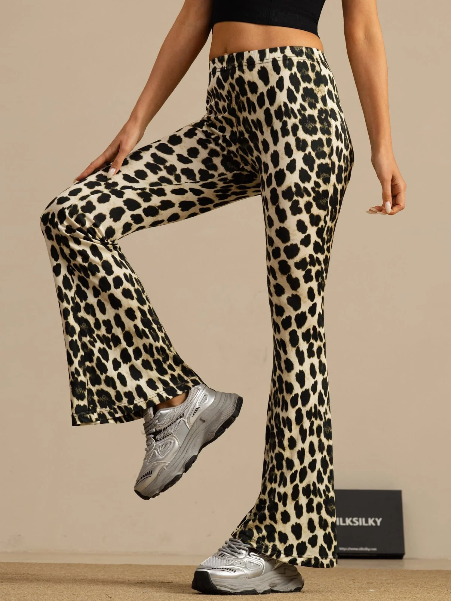 Clearance - Pure Silk Wild Animal Print Women's Flare Pants High Waisted Bell Bottom - Image 13