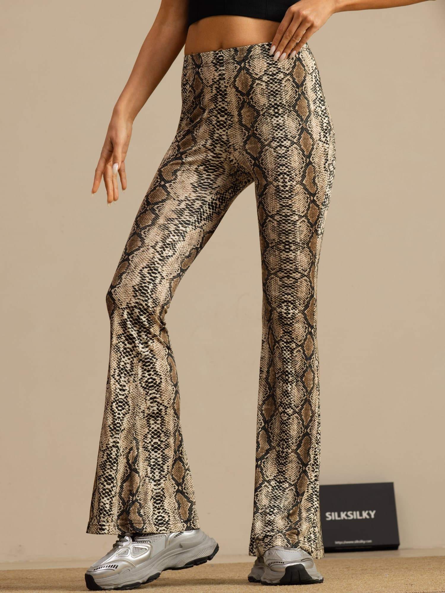 Clearance - Pure Silk Wild Animal Print Women's Flare Pants High Waisted Bell Bottom - Image 15