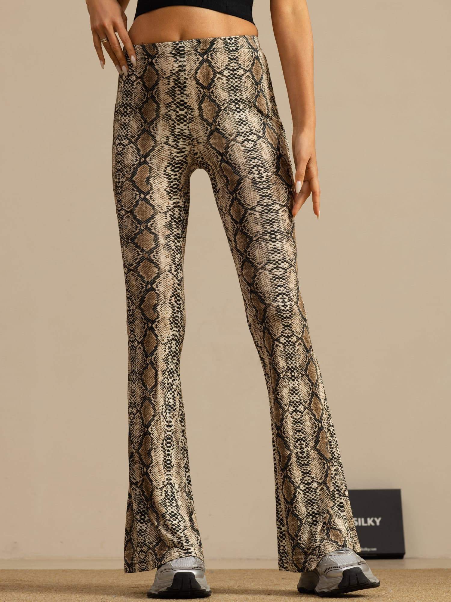 Clearance - Pure Silk Wild Animal Print Women's Flare Pants High Waisted Bell Bottom - Image 18