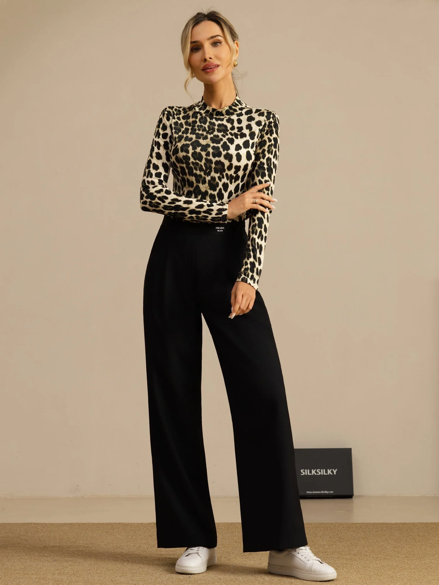 100% Mulberry Silk Wild Animal Print Women's Long Sleeve Mock Neck Top - Image 24