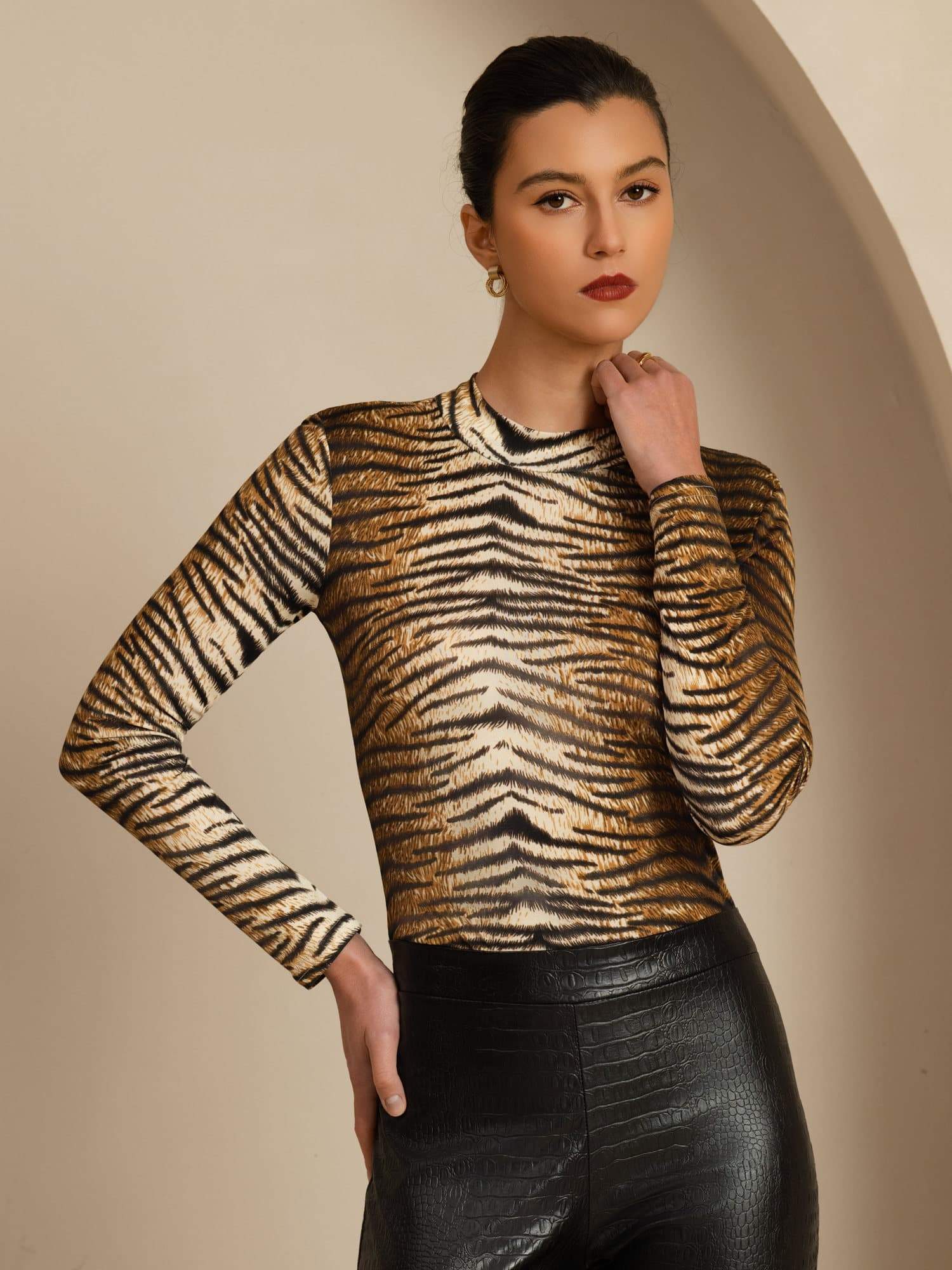 100% Mulberry Silk Wild Animal Print Women's Long Sleeve Mock Neck Top - Image 9