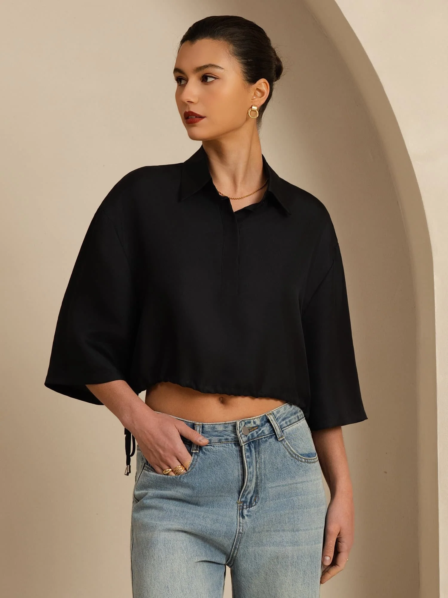 Clearance - Pure Silk Women's Half Sleeve Cropped Blouse With Drawstring Hem - Image 8
