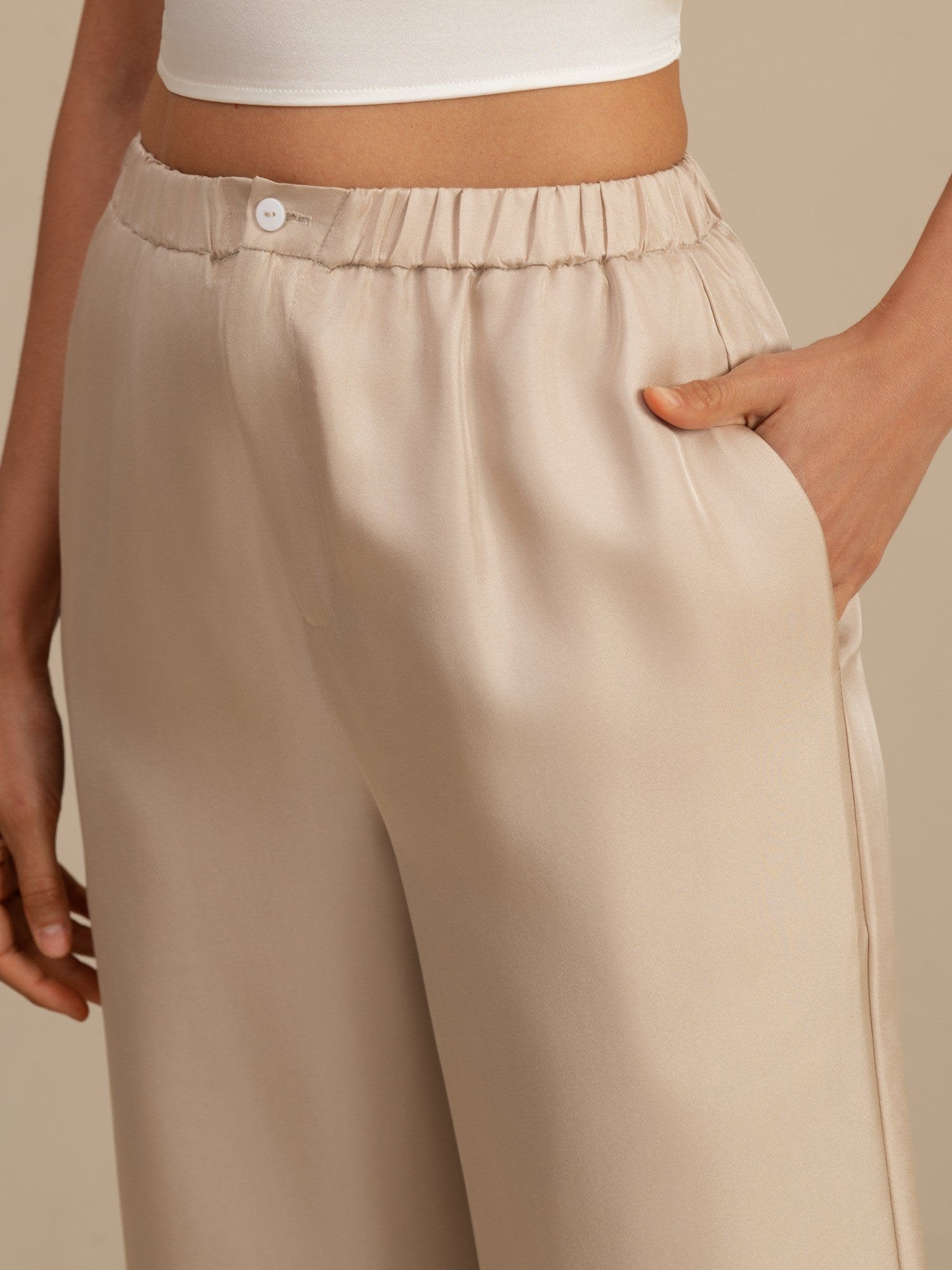 Clearance - Pure Silk Women’s High Waist Full Length Elastic Waist Pants With Pockets - Image 3