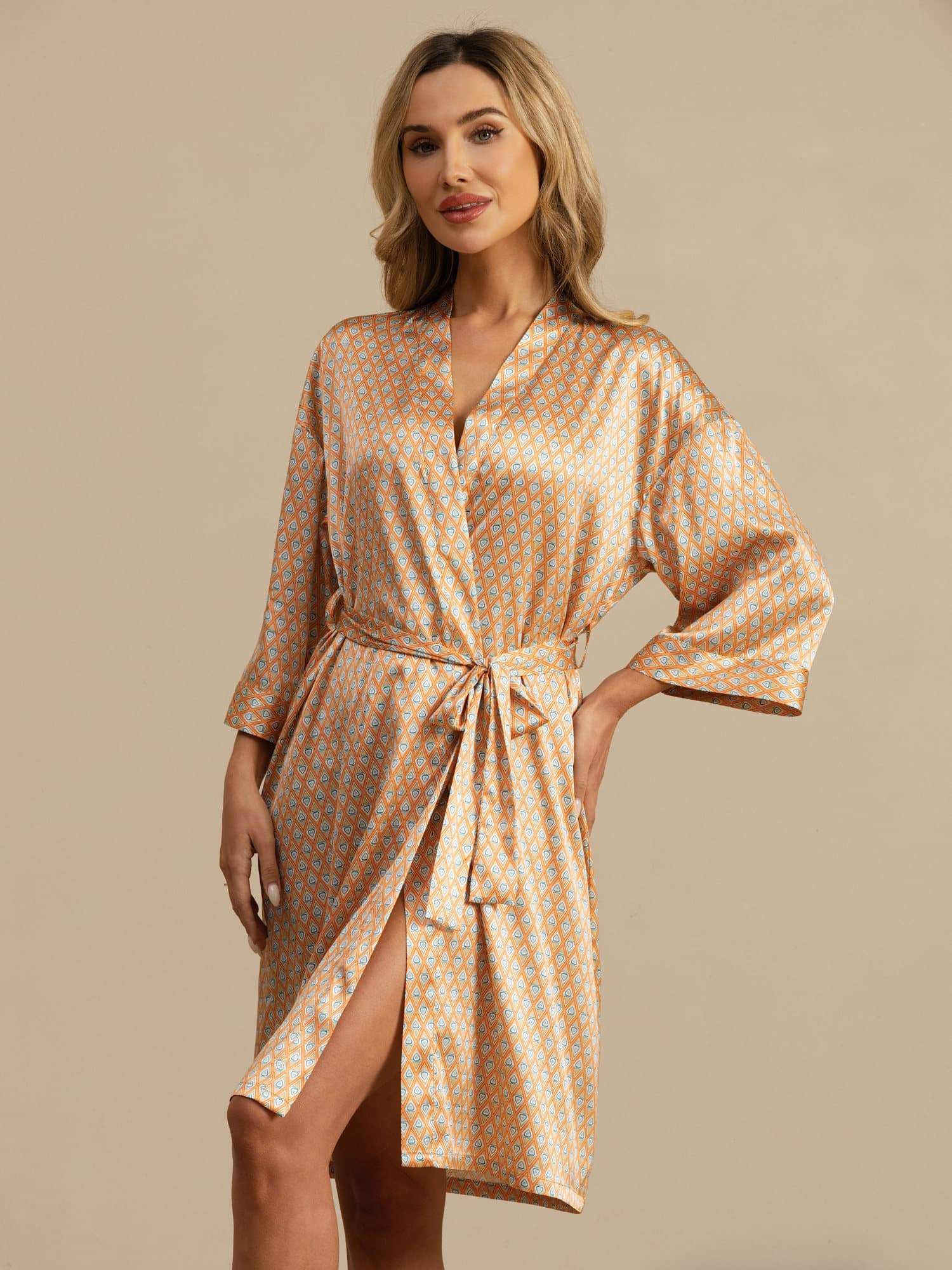 Clearance - Pure Silk Women’s Knee Length Kimono Heart Geo Printed Robe With Belted Design - Image 5
