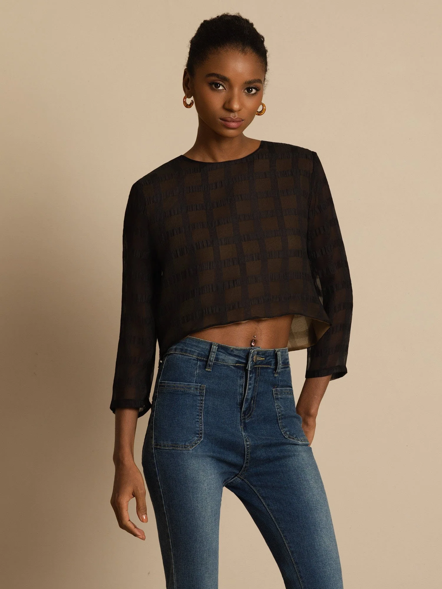100% Mulberry Silk Women's Long Sleeve Textured Grid Crop Blouse with Back Ties