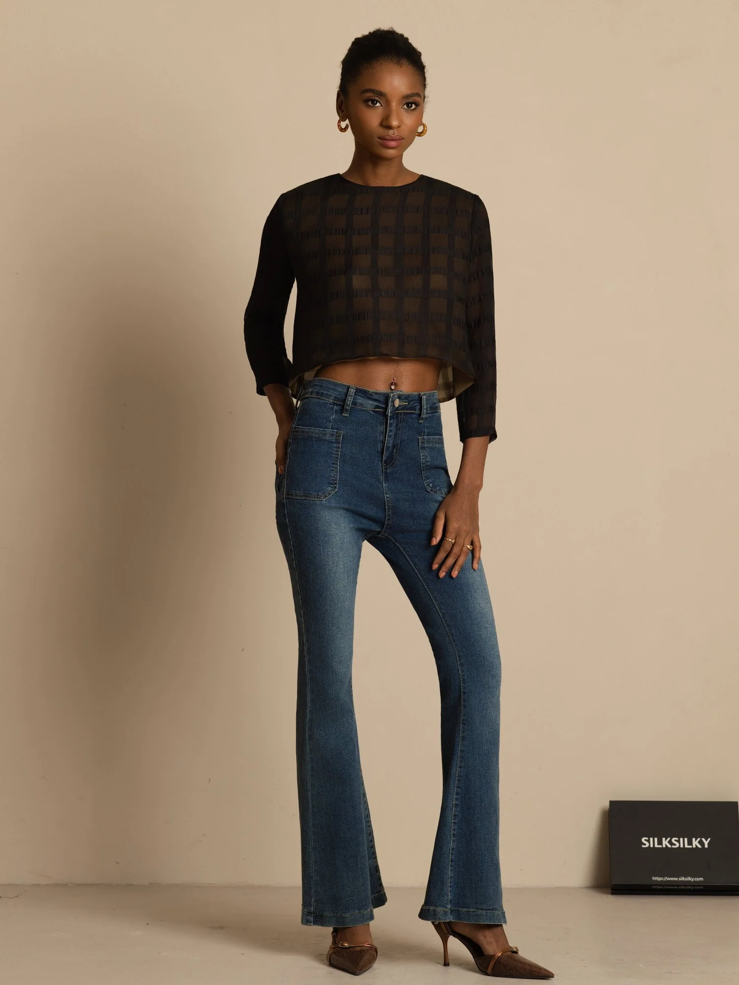 100% Mulberry Silk Women's Long Sleeve Textured Grid Crop Blouse with Back Ties - Image 6