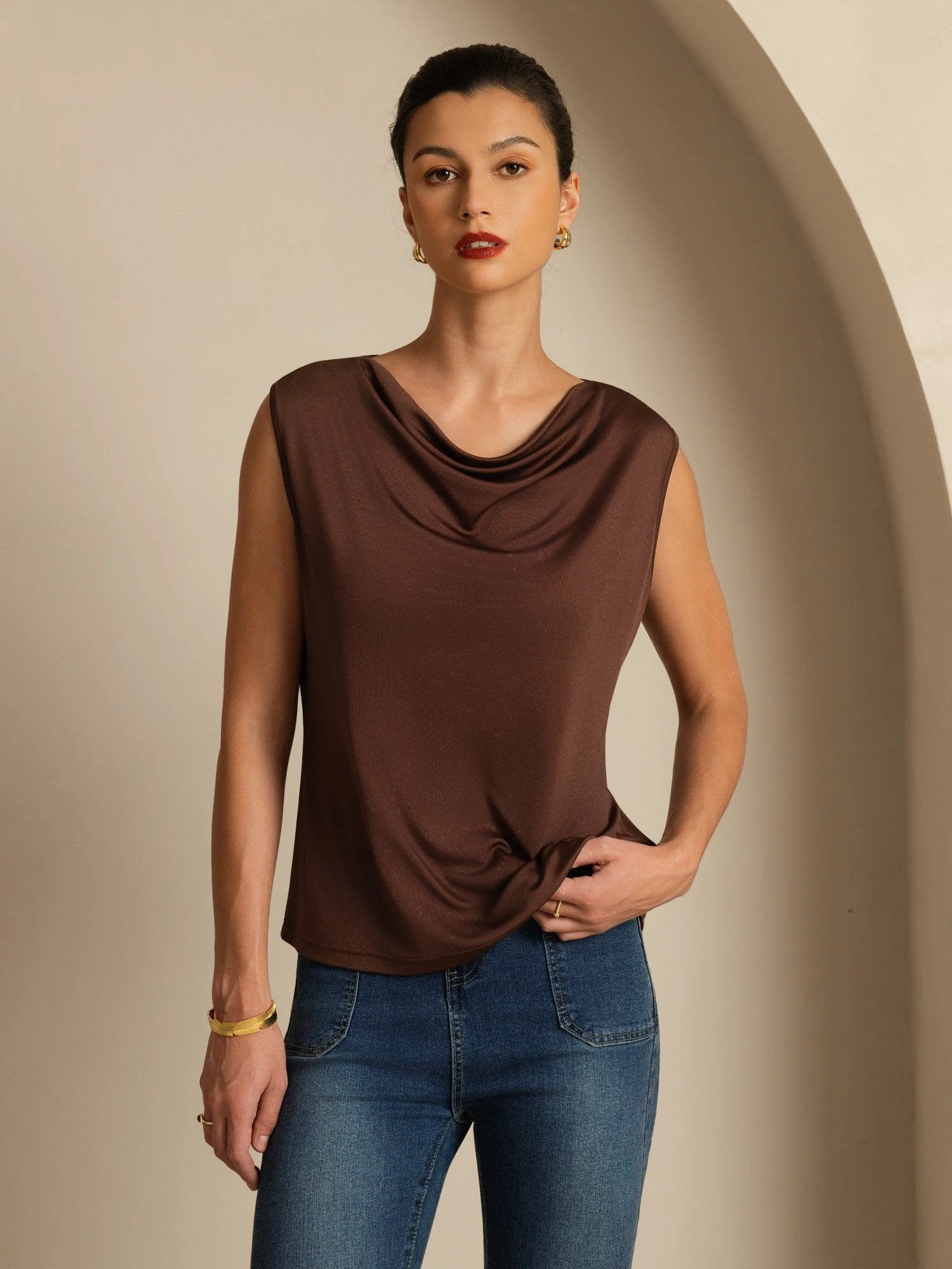 Clearance - Pure Silk Women's Sleeveless Cowl Neck Basic Casual Top