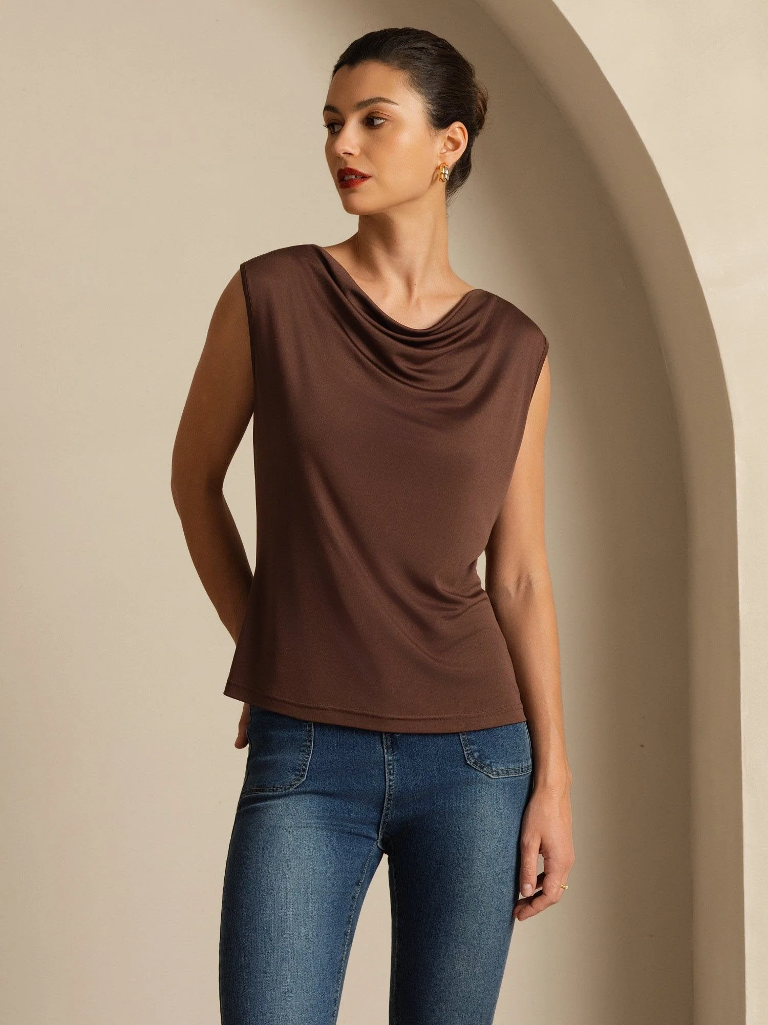 Clearance - Pure Silk Women's Sleeveless Cowl Neck Basic Casual Top - Image 4