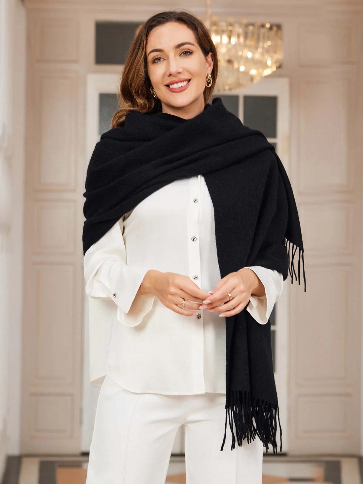 Clearance-Pure Wool Scarf Shawl w/ Fringed Decoration 200x70cm/79 - Image 11