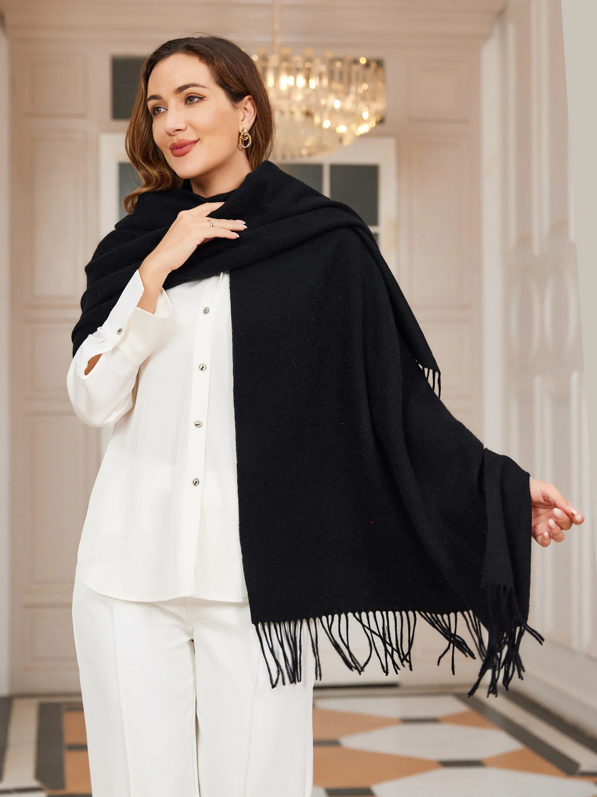 Clearance-Pure Wool Scarf Shawl w/ Fringed Decoration 200x70cm/79 - Image 12