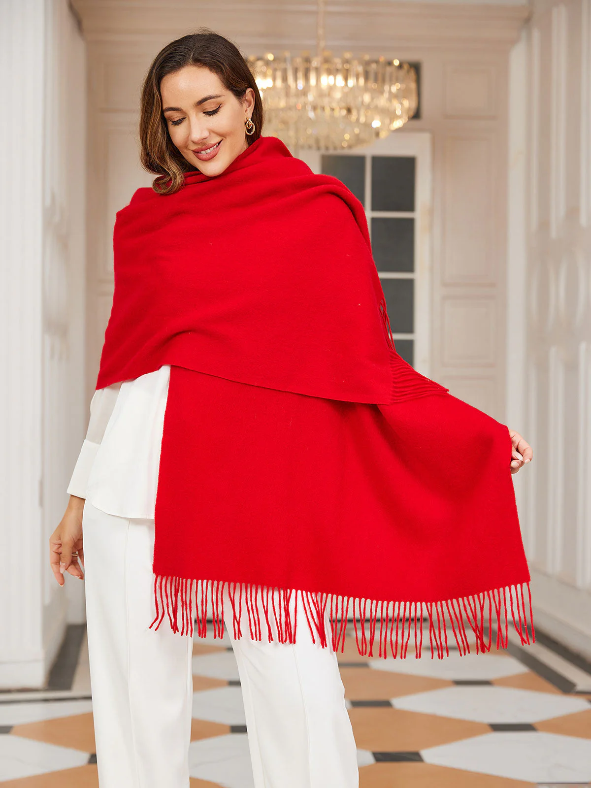Clearance-Pure Wool Scarf Shawl w/ Fringed Decoration 200x70cm/79 - Image 14