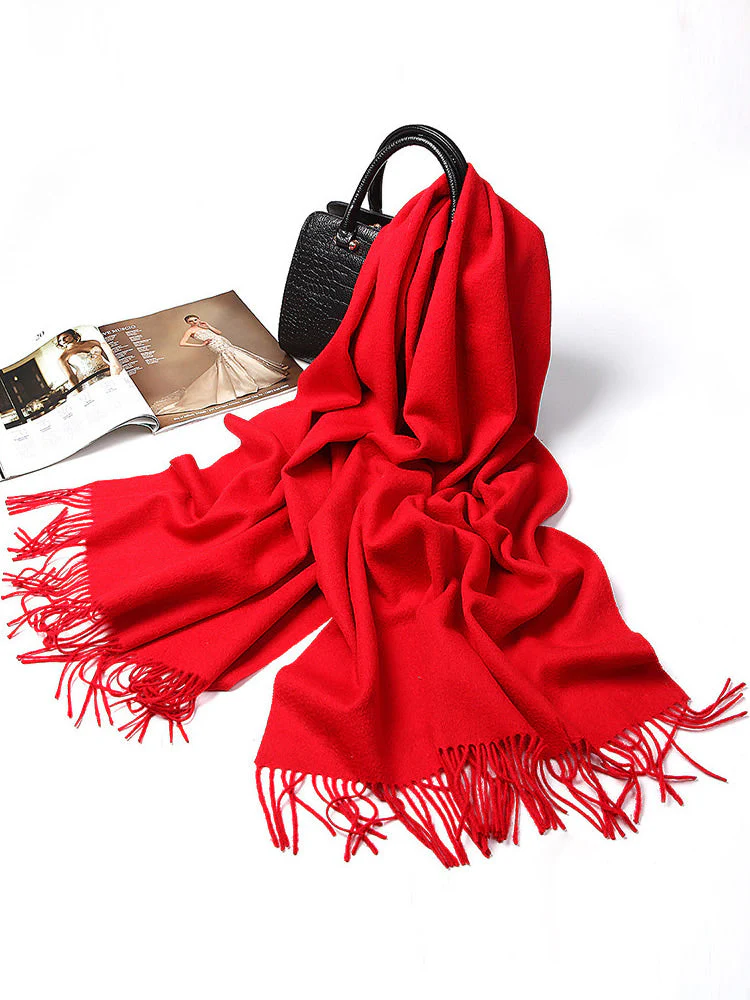 Clearance-Pure Wool Scarf Shawl w/ Fringed Decoration 200x70cm/79 - Image 18