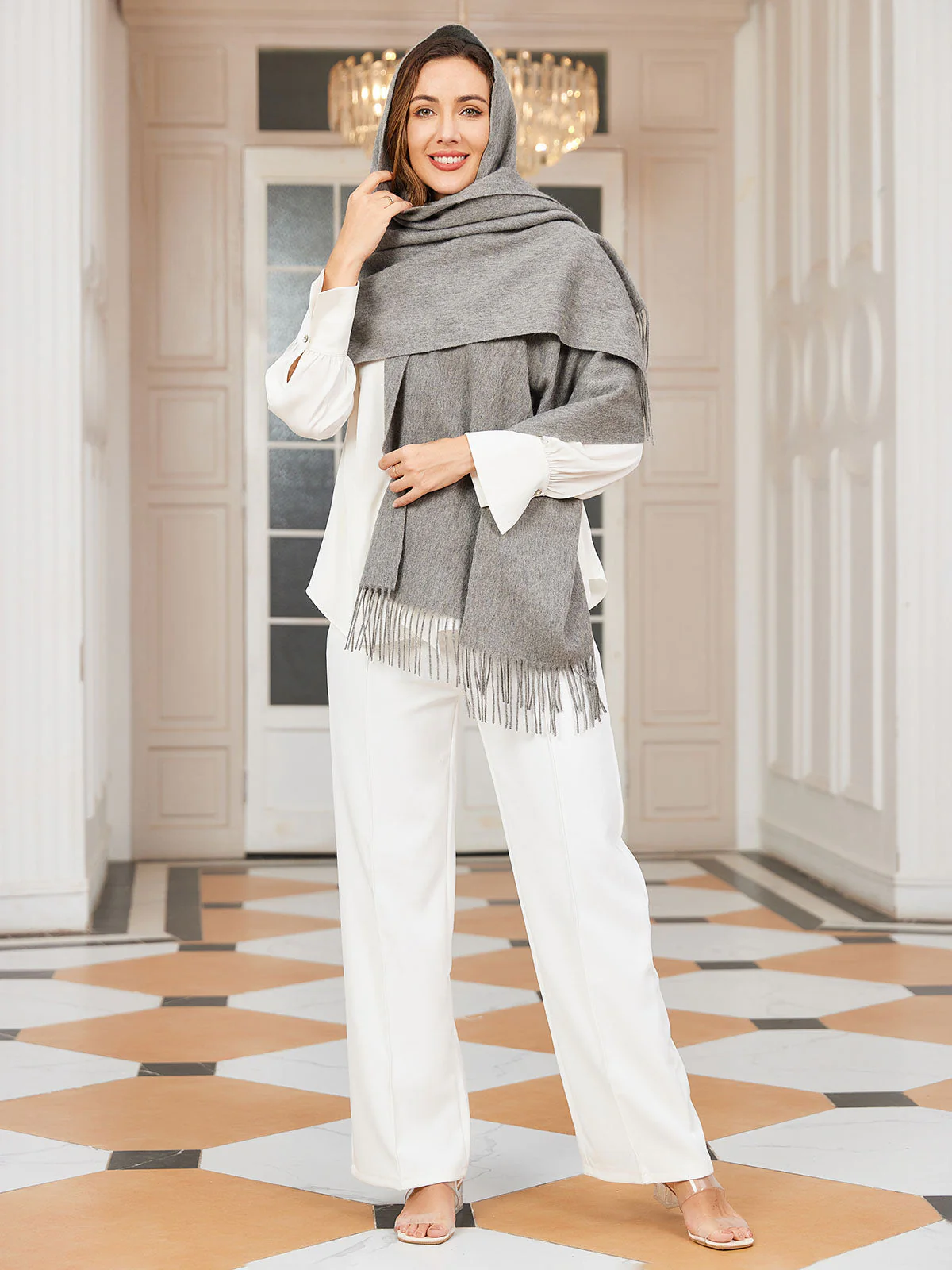Clearance-Pure Wool Scarf Shawl w/ Fringed Decoration 200x70cm/79 - Image 2