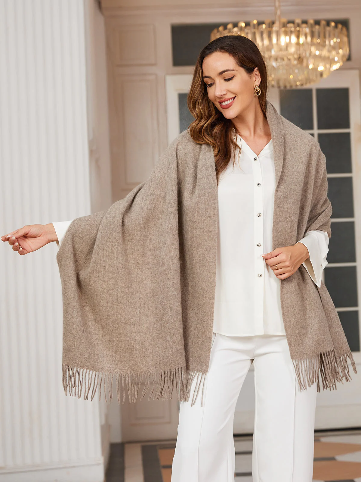 Clearance-Pure Wool Scarf Shawl w/ Fringed Decoration 200x70cm/79 - Image 31
