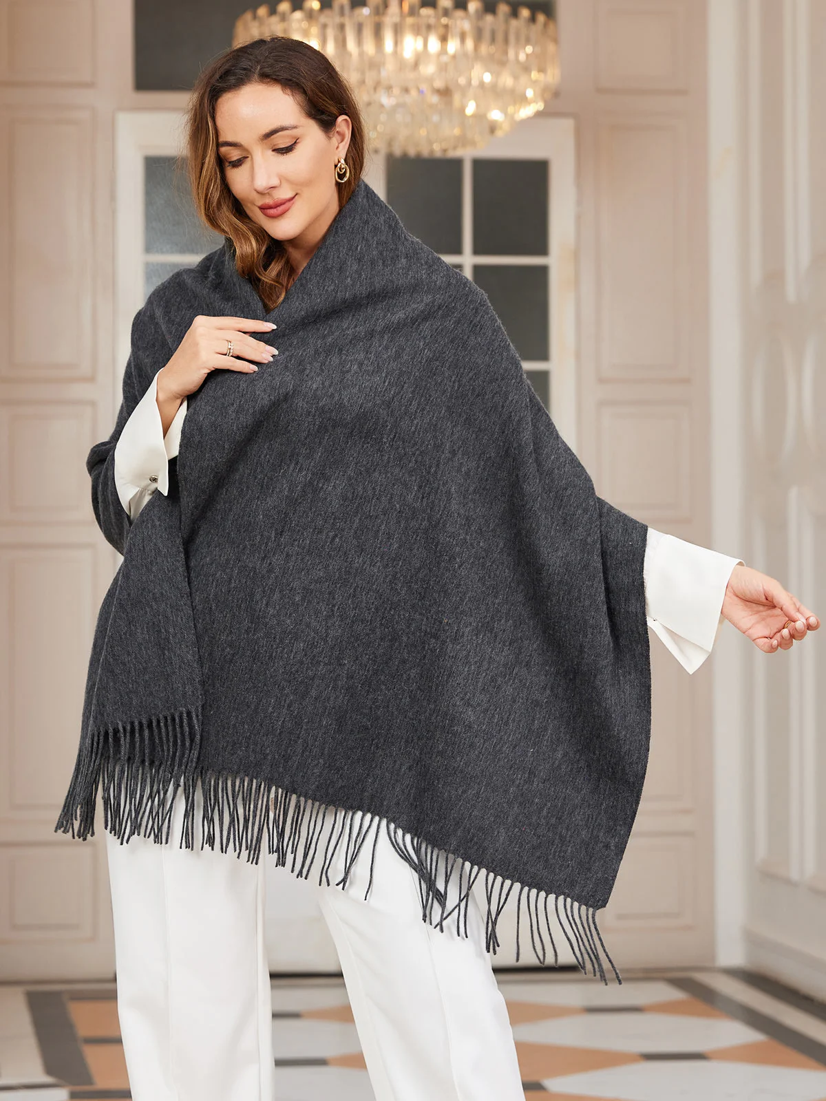 Clearance-Pure Wool Scarf Shawl w/ Fringed Decoration 200x70cm/79 - Image 52