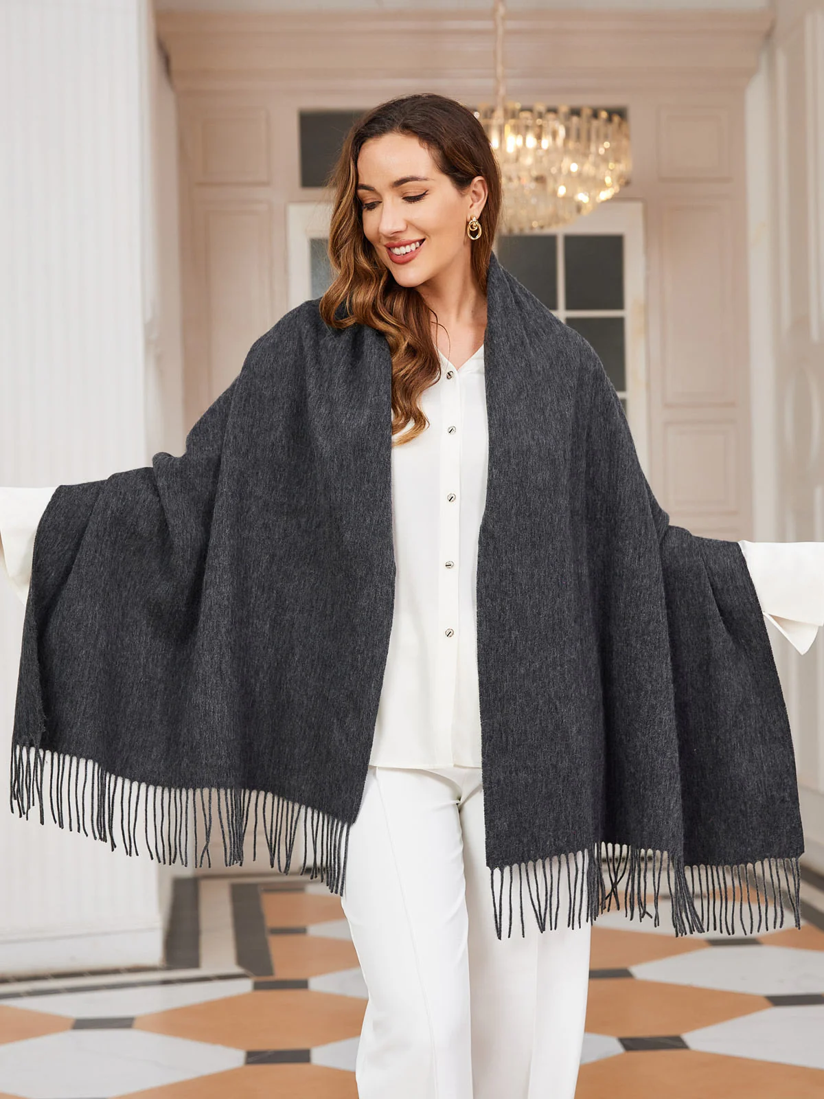 Clearance-Pure Wool Scarf Shawl w/ Fringed Decoration 200x70cm/79 - Image 54