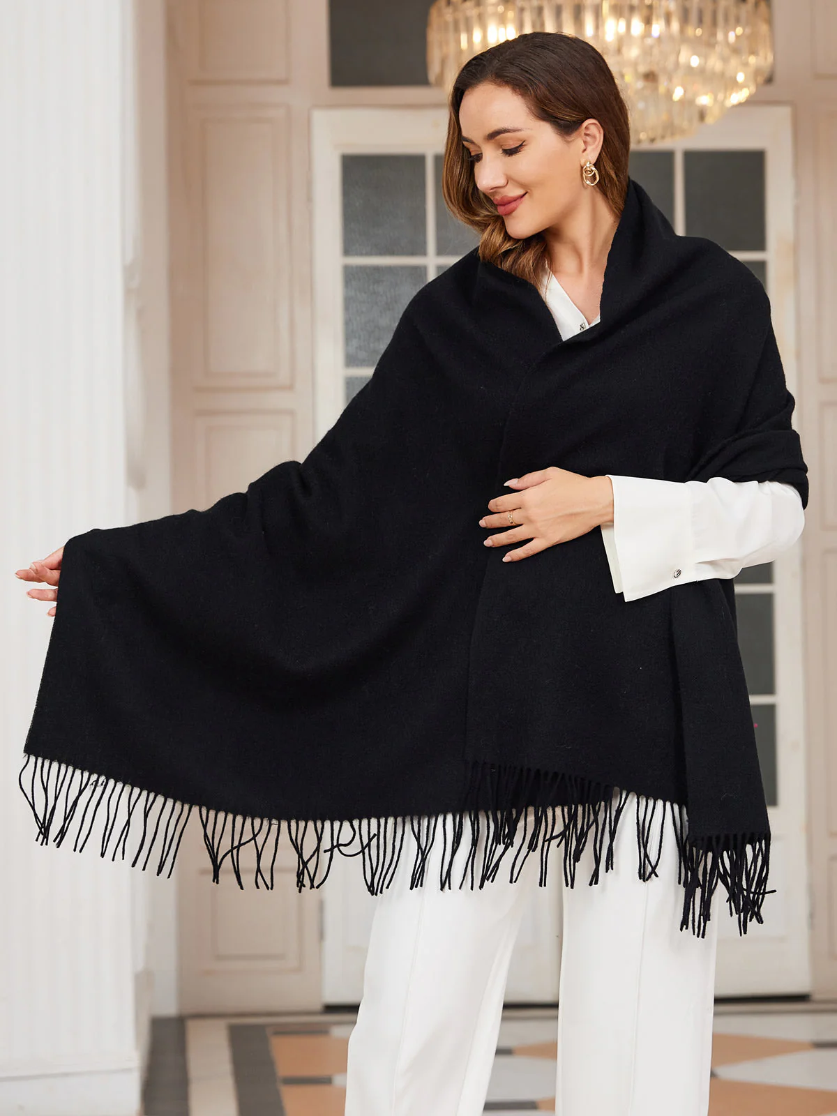 Clearance-Pure Wool Scarf Shawl w/ Fringed Decoration 200x70cm/79 - Image 9