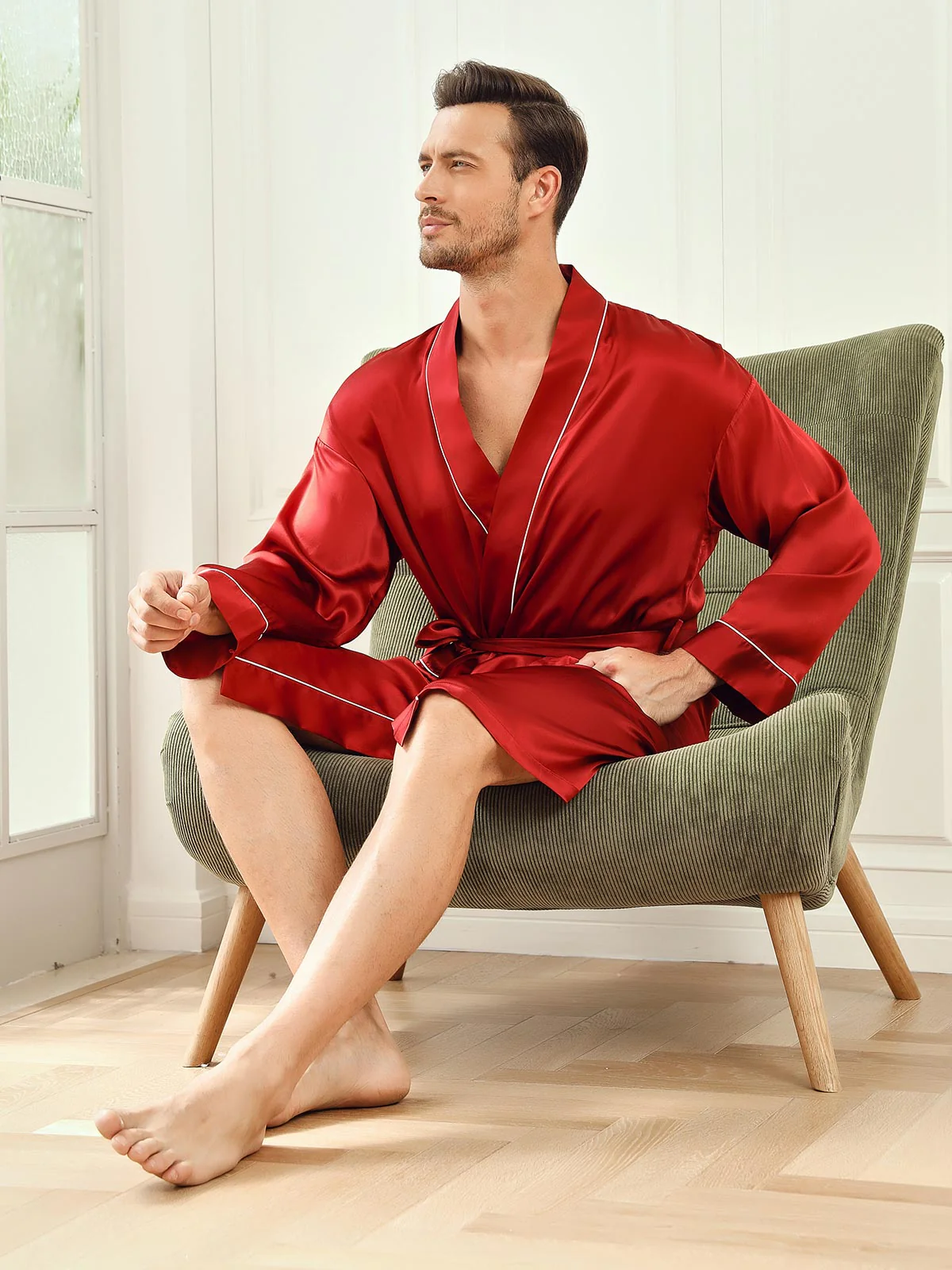 Clearance - 100% Mulberry Silk Classic Kimono Sleeve Men's Robe - Image 6
