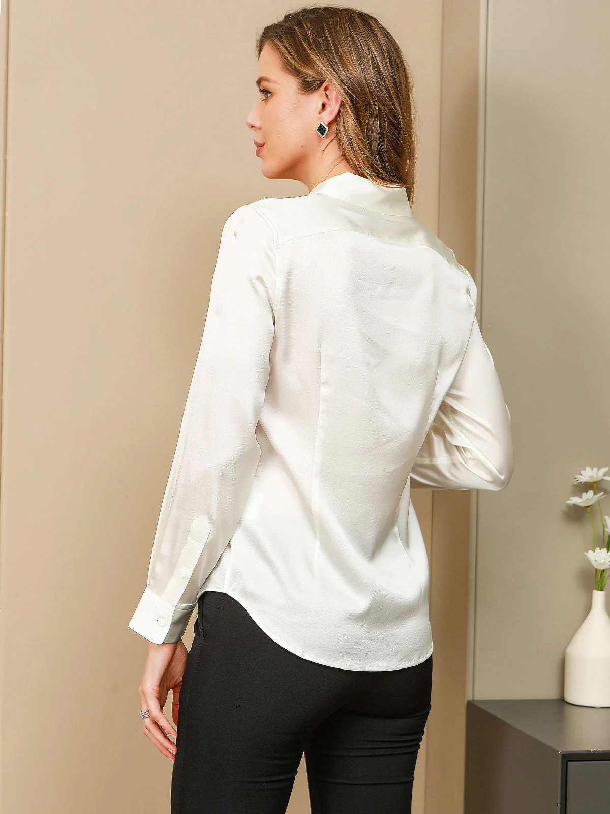 19Momme Silk Long Sleeve Lapel Collar Women's Shirt - Image 11