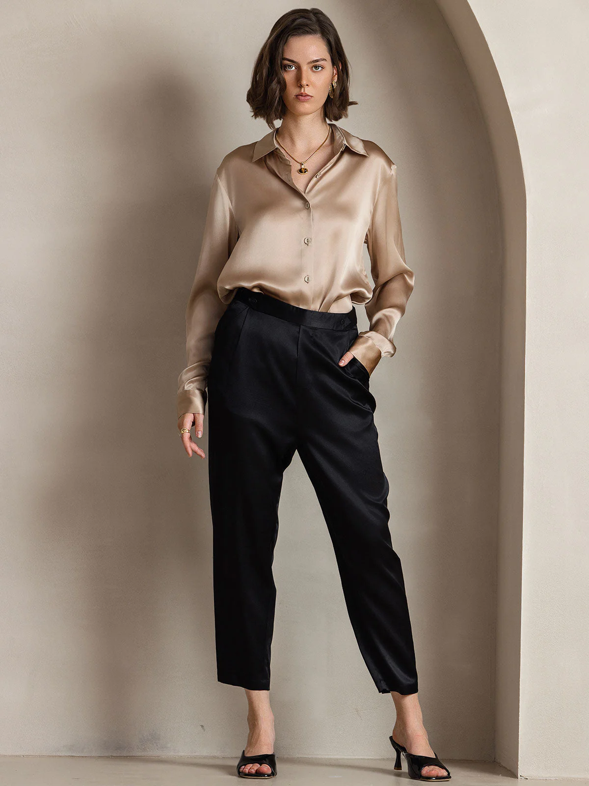 19Momme Silk Long Sleeve Lapel Collar Women's Shirt - Image 3