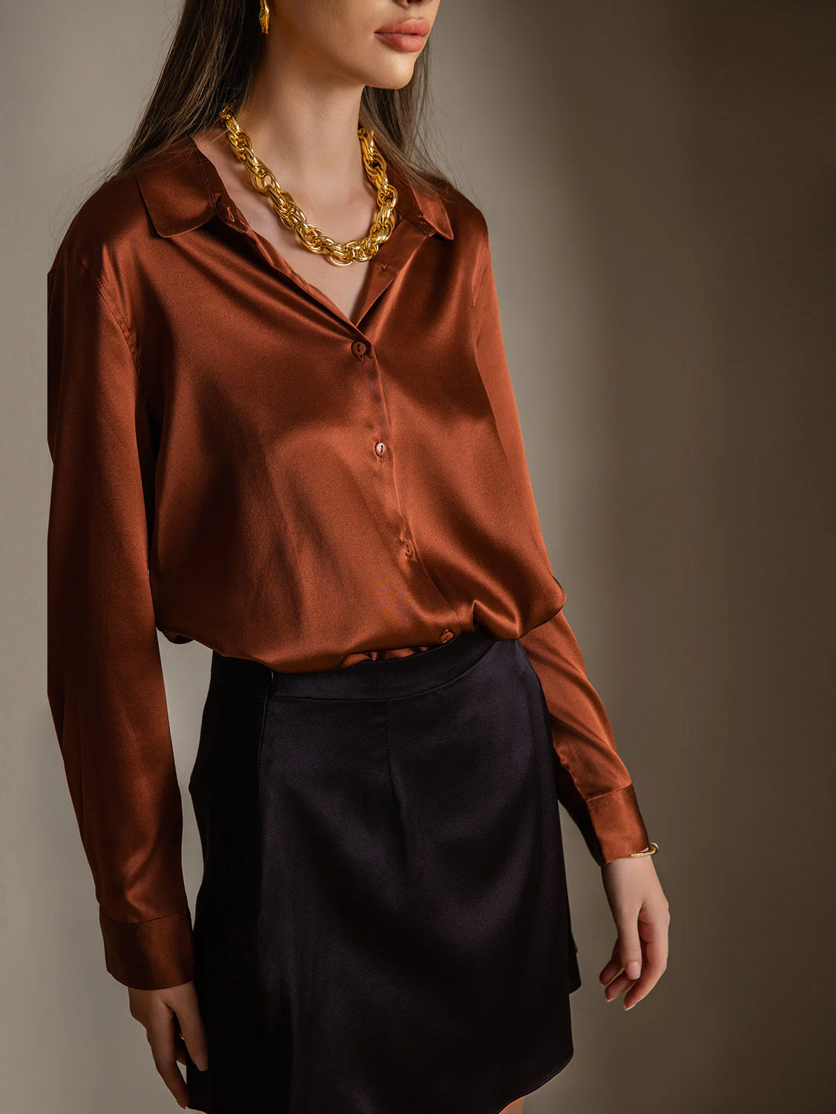 19Momme Silk Long Sleeve Lapel Collar Women's Shirt - Image 36
