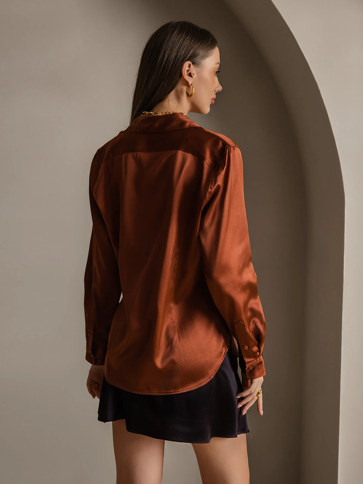 19Momme Silk Long Sleeve Lapel Collar Women's Shirt - Image 37