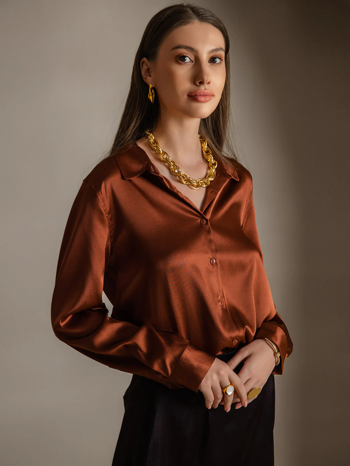 19Momme Silk Long Sleeve Lapel Collar Women's Shirt - Image 38