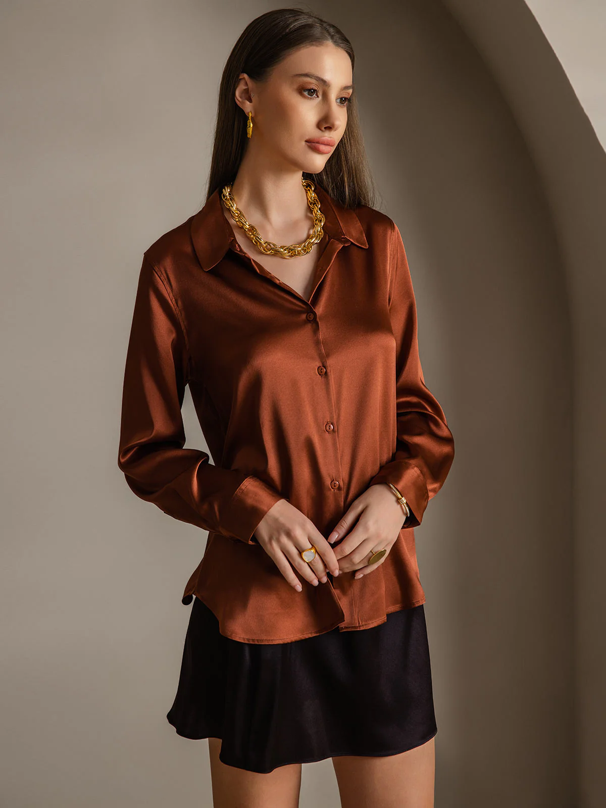 19Momme Silk Long Sleeve Lapel Collar Women's Shirt - Image 39