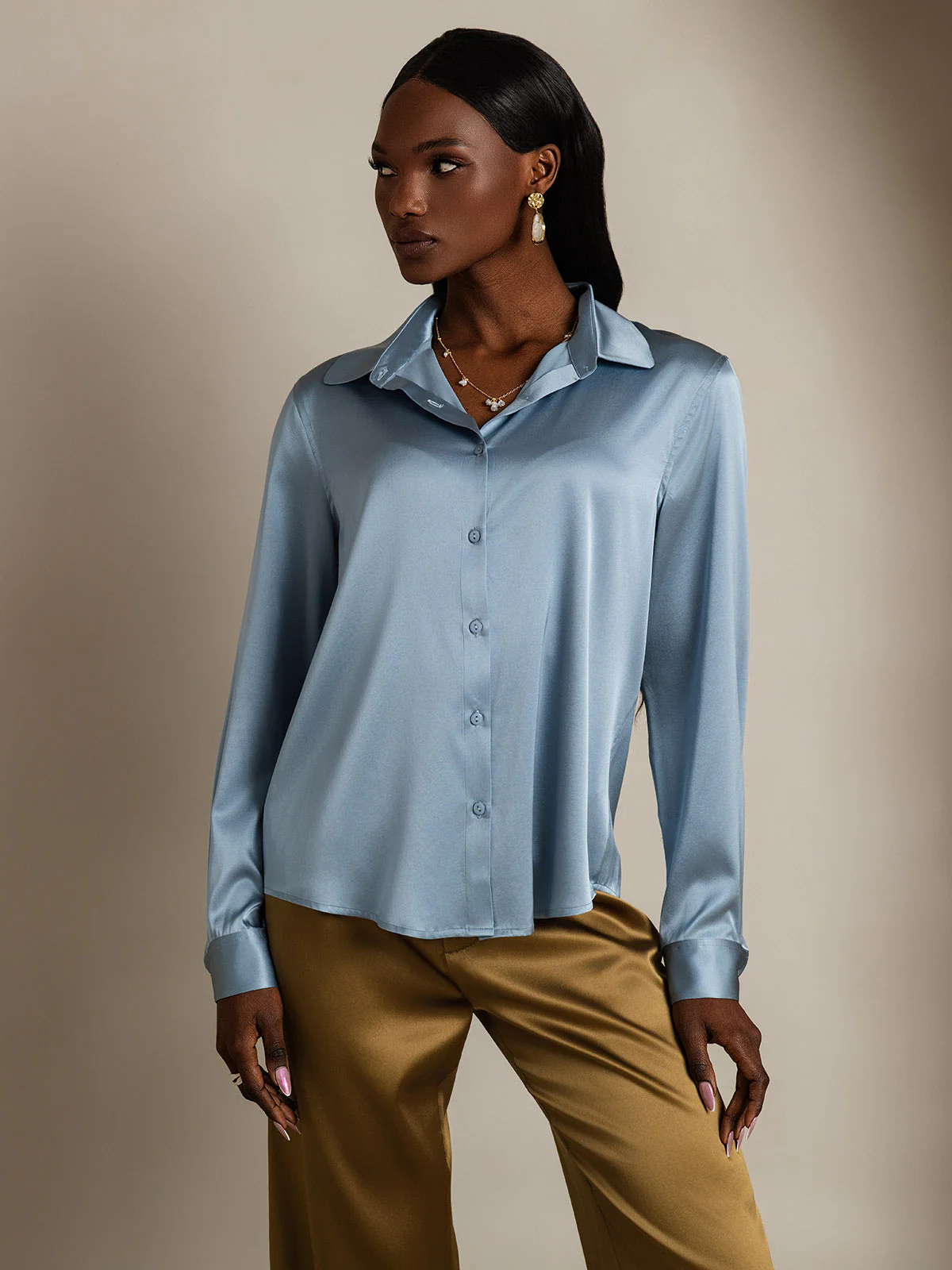 19Momme Silk Long Sleeve Lapel Collar Women's Shirt - Image 42