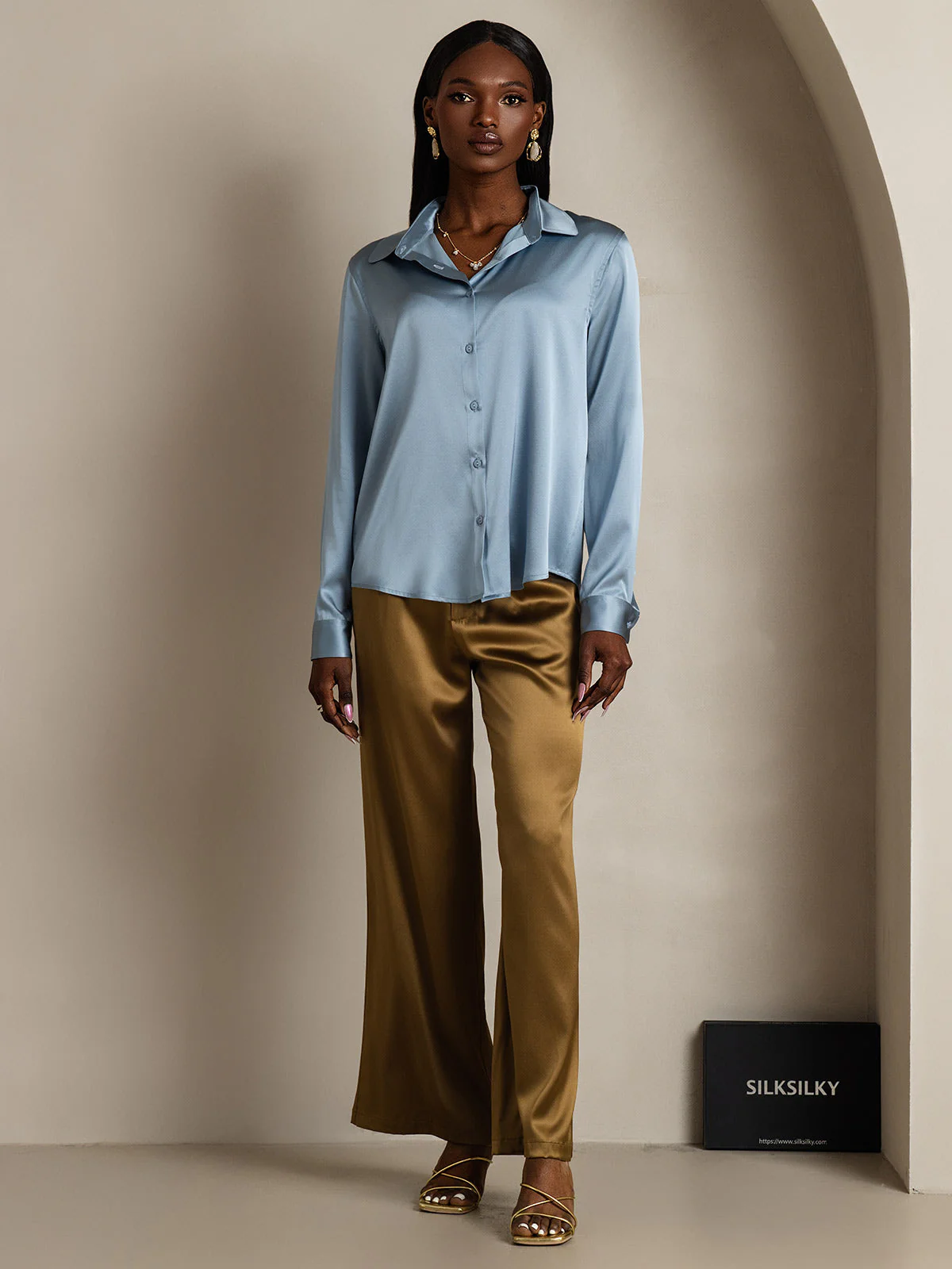 19Momme Silk Long Sleeve Lapel Collar Women's Shirt - Image 47