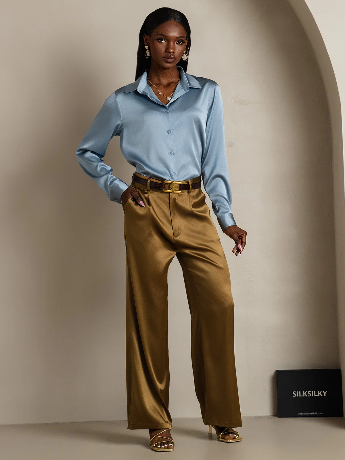 19Momme Silk Long Sleeve Lapel Collar Women's Shirt - Image 48